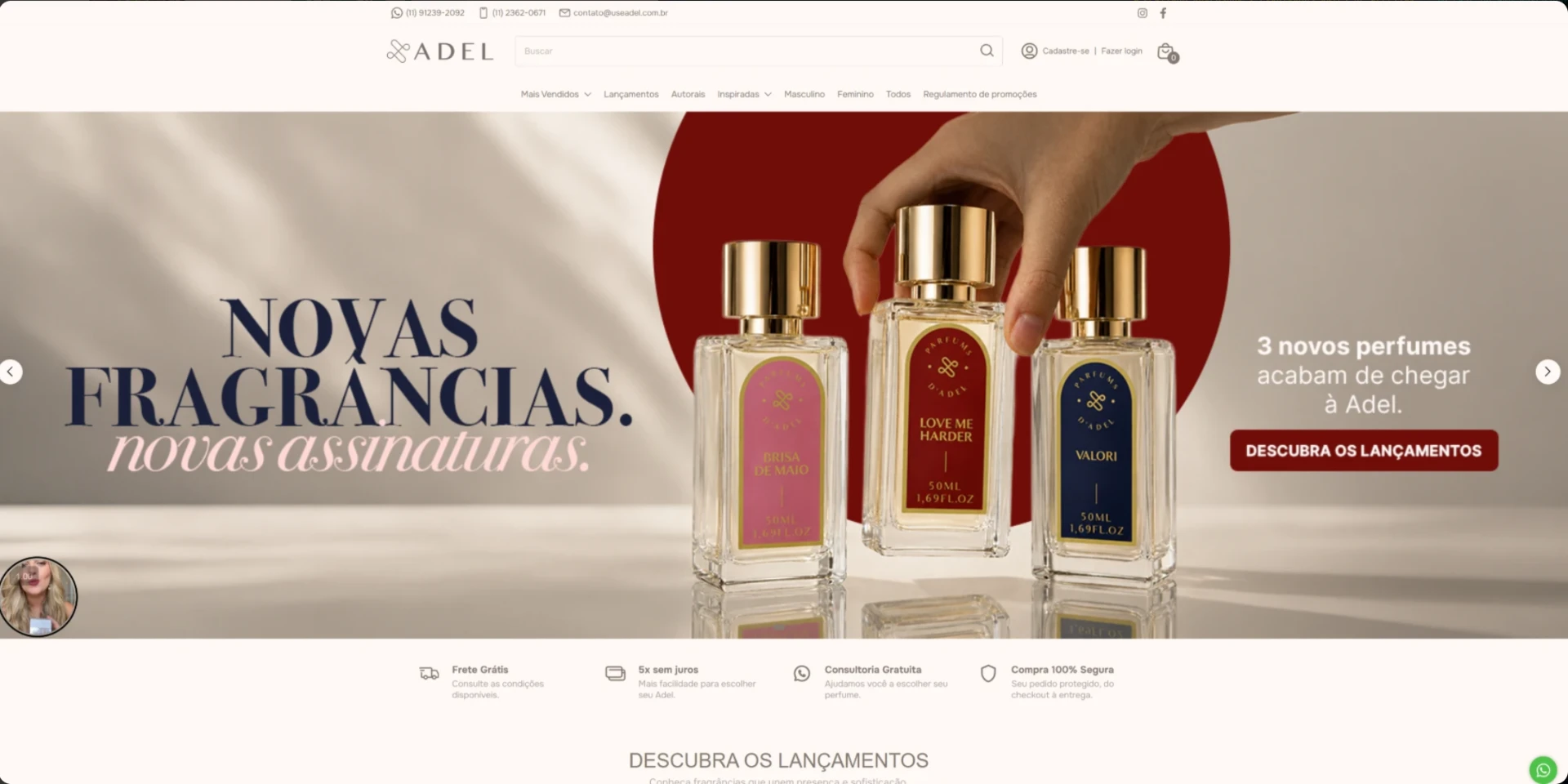 Home da loja Adel Perfumes com banner de novas fragrâncias