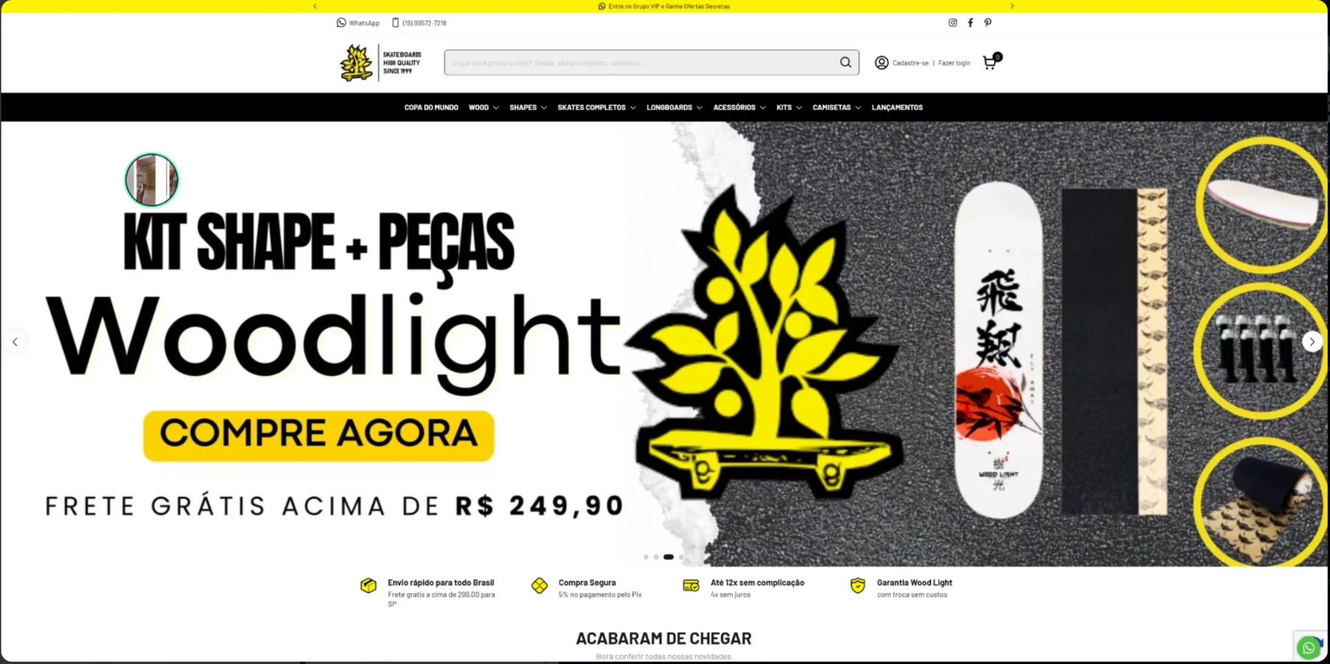 Home da loja Wood Light Skateboards com banner Kit Shape mais peças