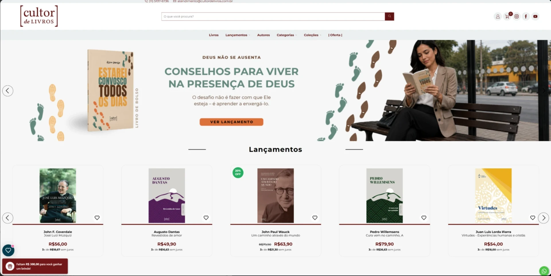Home da loja Cultor de Livros com banner de lançamento e vitrine de livros